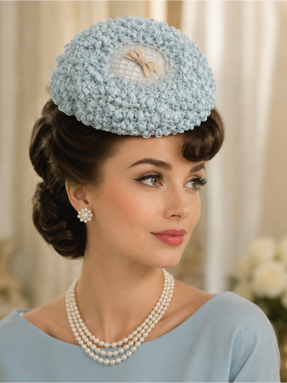 Vintage-Inspired Light Blue Beaded Pillbox Hat